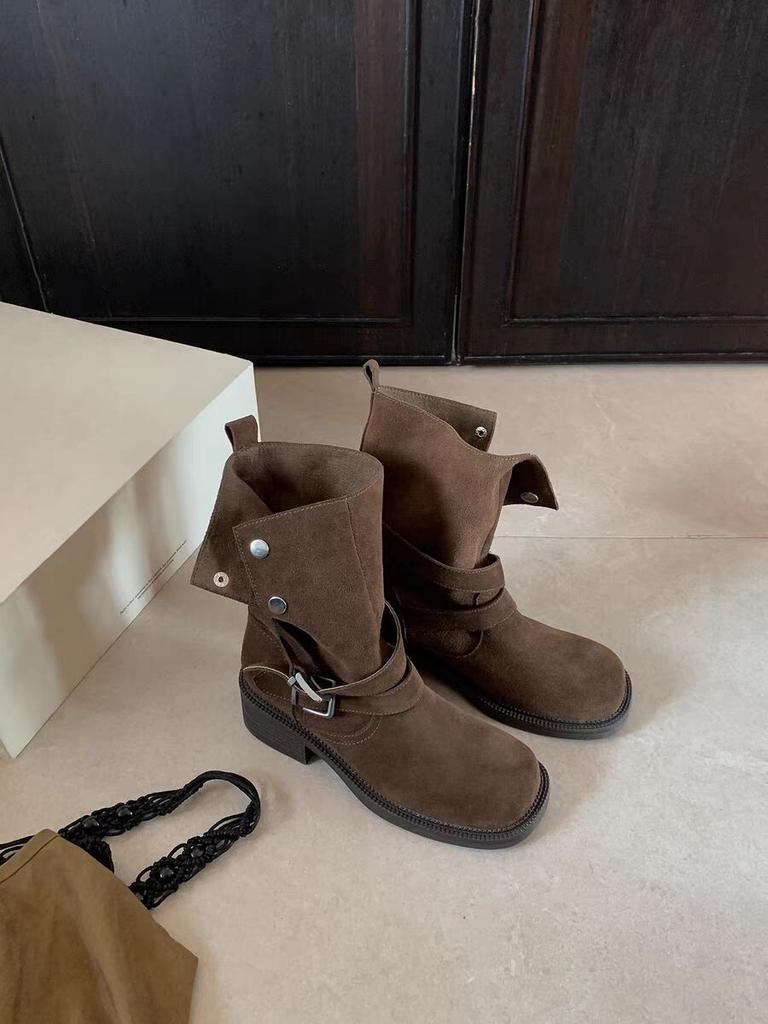 Grape Mother Studiolee Height Increased by 5.5cm~ Autumn Maillard Folded Two Buckle Straps Cow Velvet Medium Boots