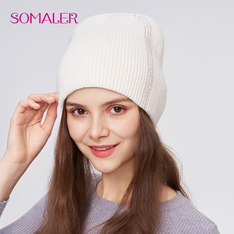 SOMALER Damen Winter Wollmütze Hochwertige Wolle Strickmütze mit Strass Dick Warm Doppellagig Outdoor Skull Caps