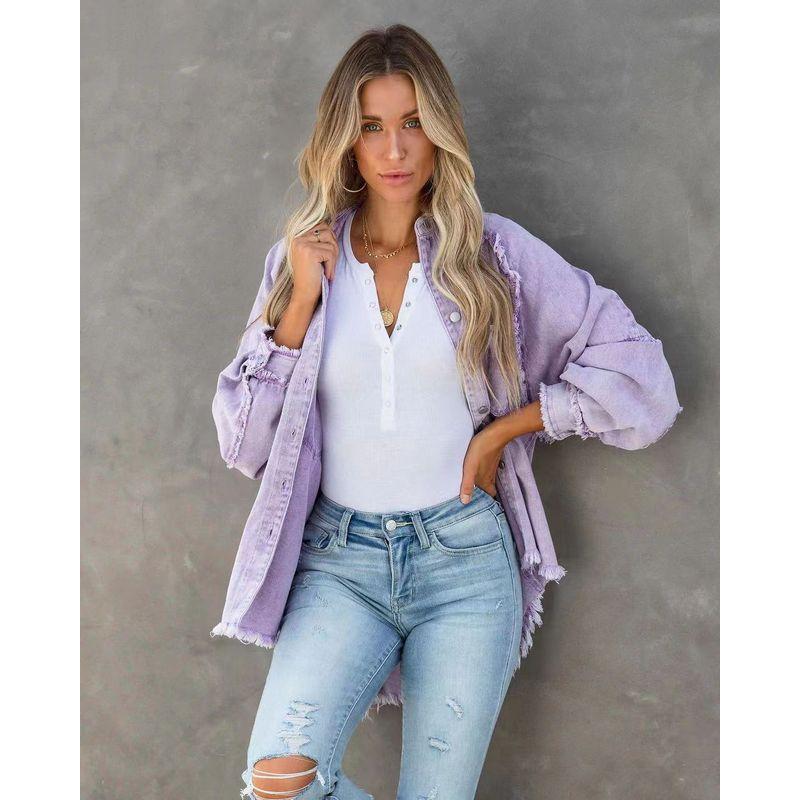 

Европейский и американский новый повседневный потертый деним с кисточками, свободное пальто, однотонное пальто-топ свободного кроя Light purple L