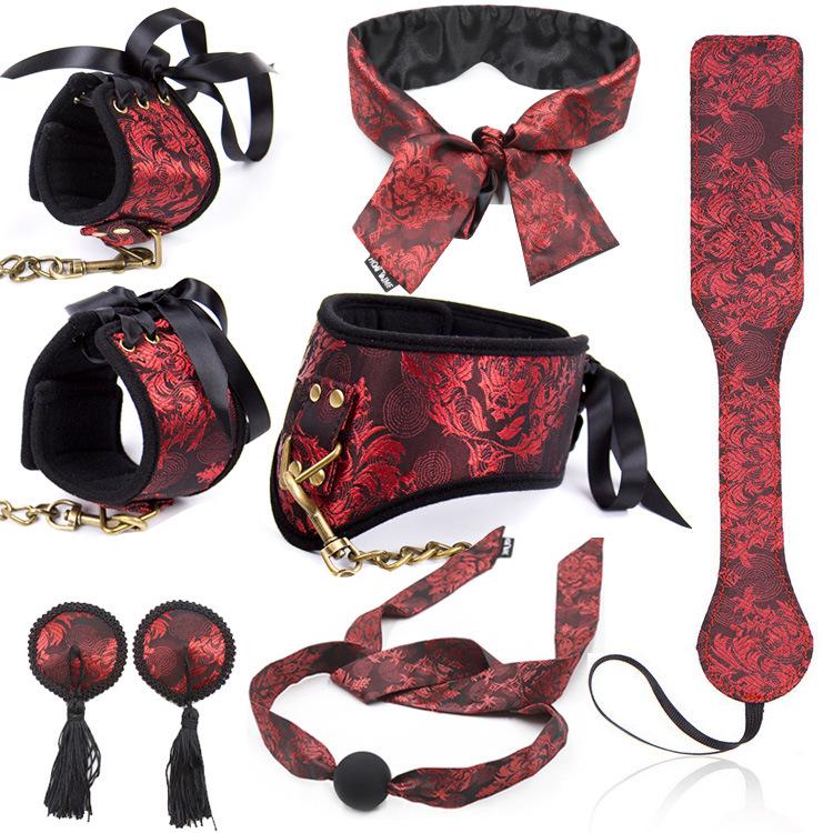 Retro Court Chinese Style Fabric Restraint Set: Foot Cuffs, Gag Ball, Eye Mask, Leash, Collar.