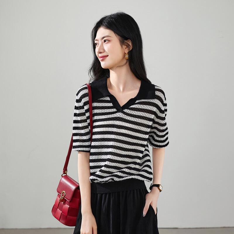 Женская полосатая ажурная футболка с коротким рукавом SOFSIL XL