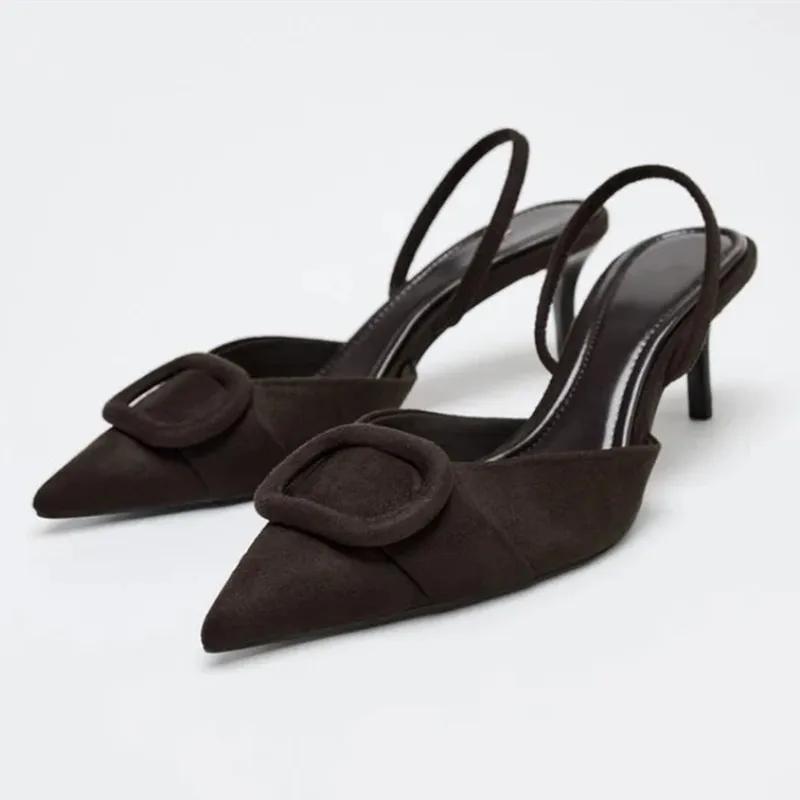 Fashion Designer Shoes Coffee Faux Suede Heeled Sandals Women Fashion Pointy Toe Slingbacks High Heels Elegant Office Shoes Mules Pumps