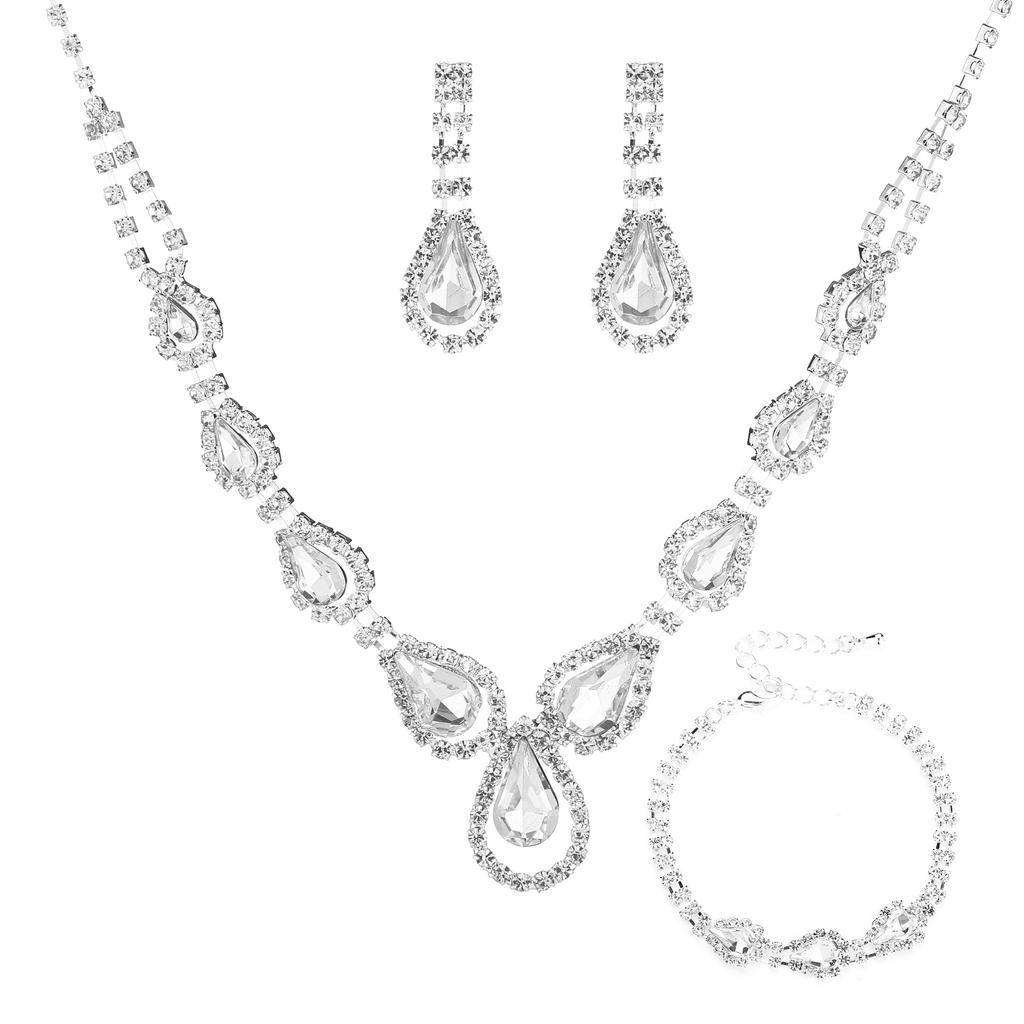Bridal Set Necklace Earrings Bracelet Three-Piece Set, Copper Claw Chain Electroplated Silver