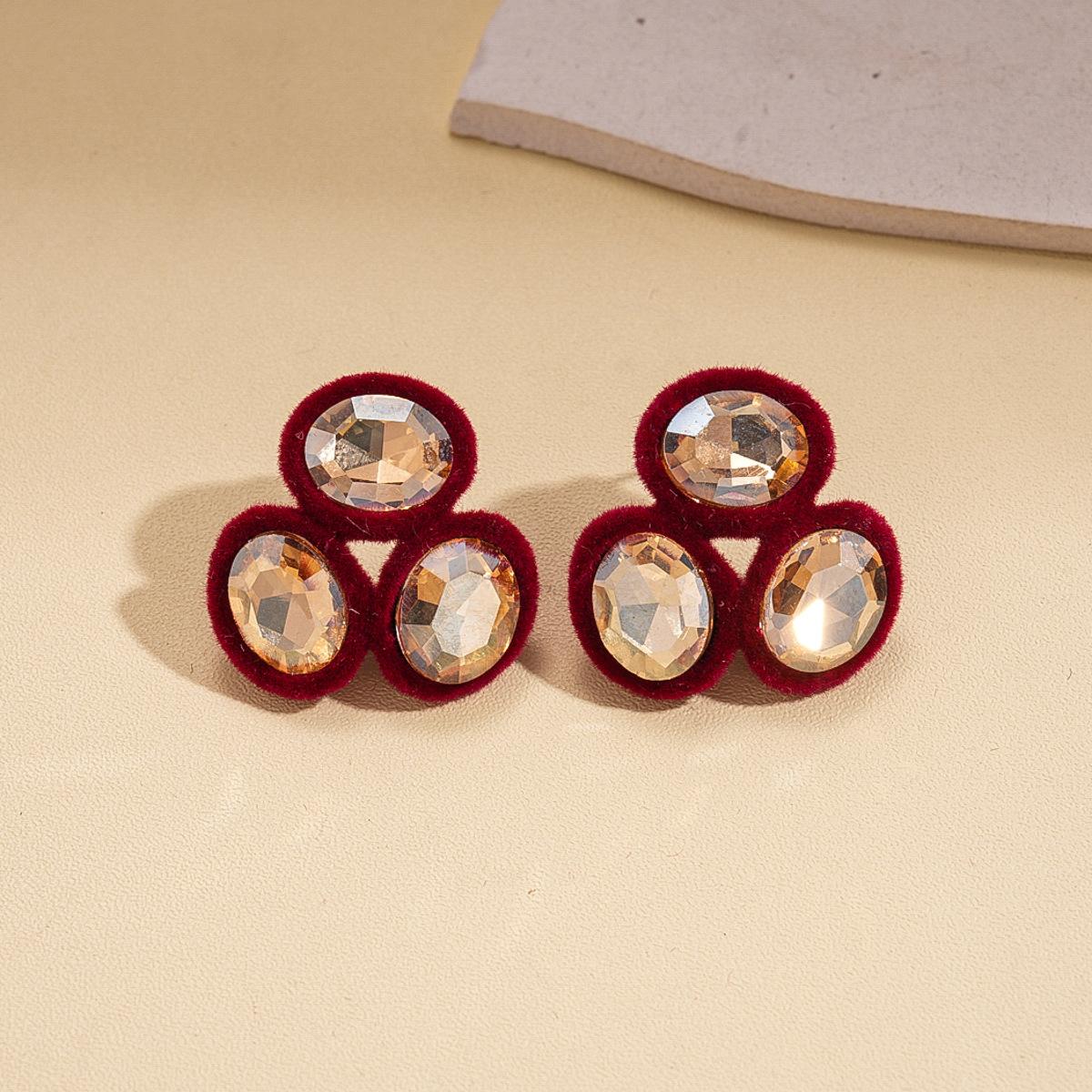 Autumn and winter flocking diamond oval silver needle stud earrings retro geometric niche earrings