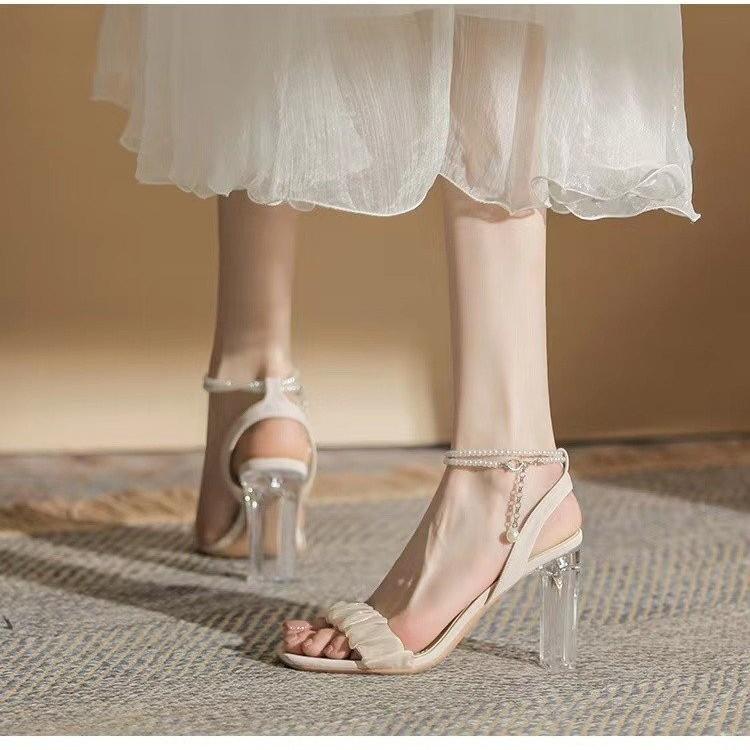 

Fashion versatile high-heeled sandals, new summer transparent crystal-heeled sandals, pearl word with thick-heeled sandals 35