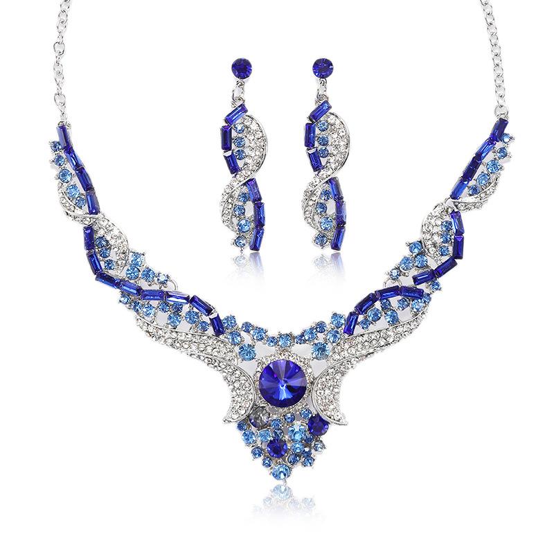 Retro Crystal Contrast Color Jewelry Set Pattern Necklace Earrings 2Pcs Trendy Fashion Accessories For Women Daily Party Gift