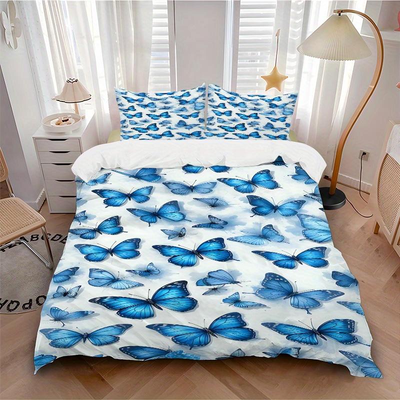 

3pcs Blue Butterflies print bedding quilt cover, soft and comfortable quilt cover suitable for bedroom and guest room194 135x200cm