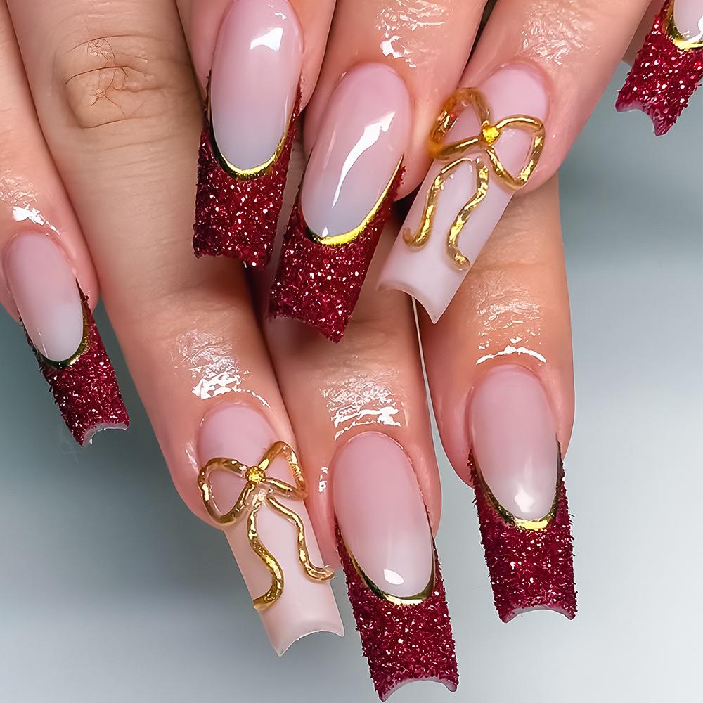 

Valentine s Gilded 3D Bow Knot Long Nail Set - 24 Detachable Pieces