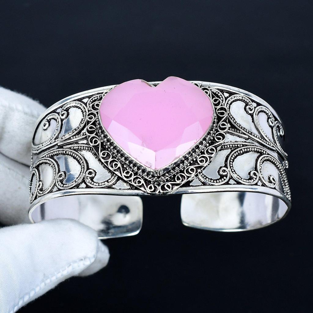 Pink Chalcedony Heart Gemstone Bracelet, Bangle Adjustable Bracelet, 925 Sterling Silver Jewelry, Engagement Gift, Pink Chalcedony Bracelet Gift