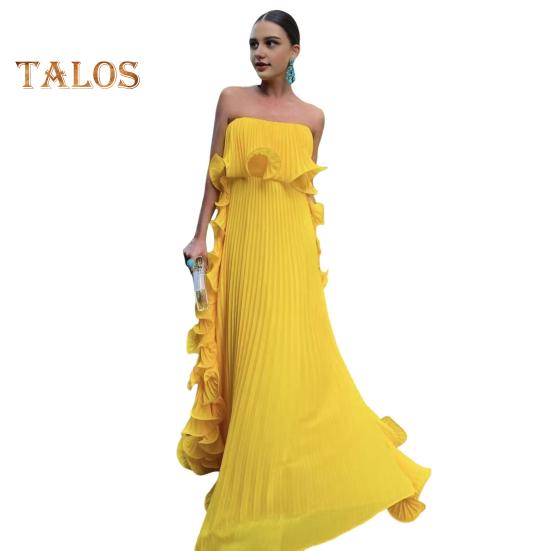 Damen Schulterfreies Maxikleid Sommer Rüschen Plissee Swing Langes Kleid für Hochzeitsfeiern Reisen Strand-Outfit