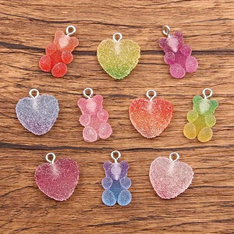 20Pcs Mix Size Colorful Bear Hearts Charms Resin Cabochons Glitter Gummy Candy Necklace Keychain Pendant DIY Making Accessories