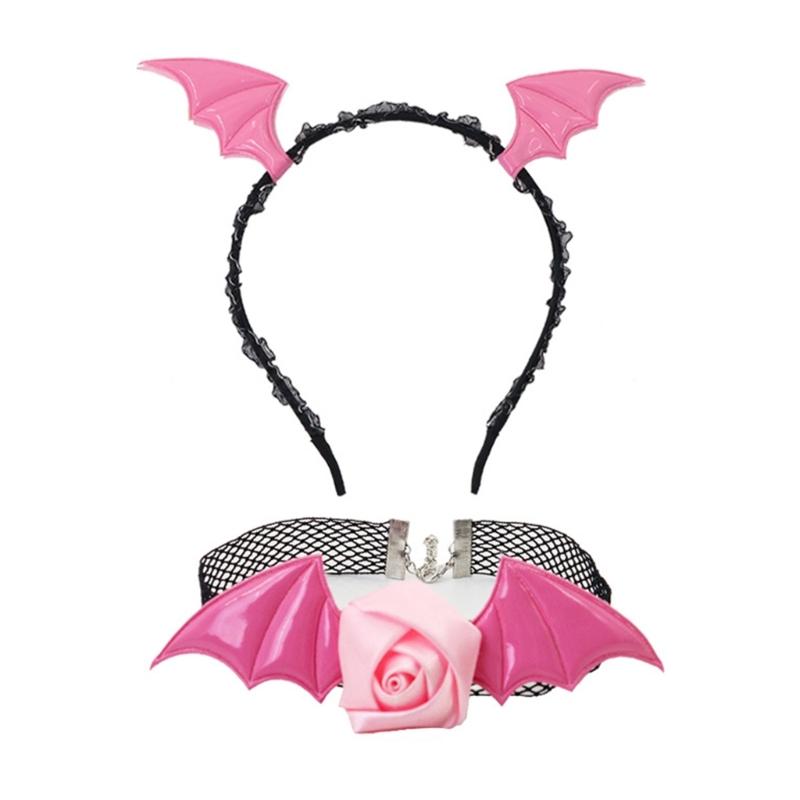 Halloween Devil Costume Set Devil Bat Headband Lace Choker Demons Cosplay Accessories for Carnivals Themed Party Props