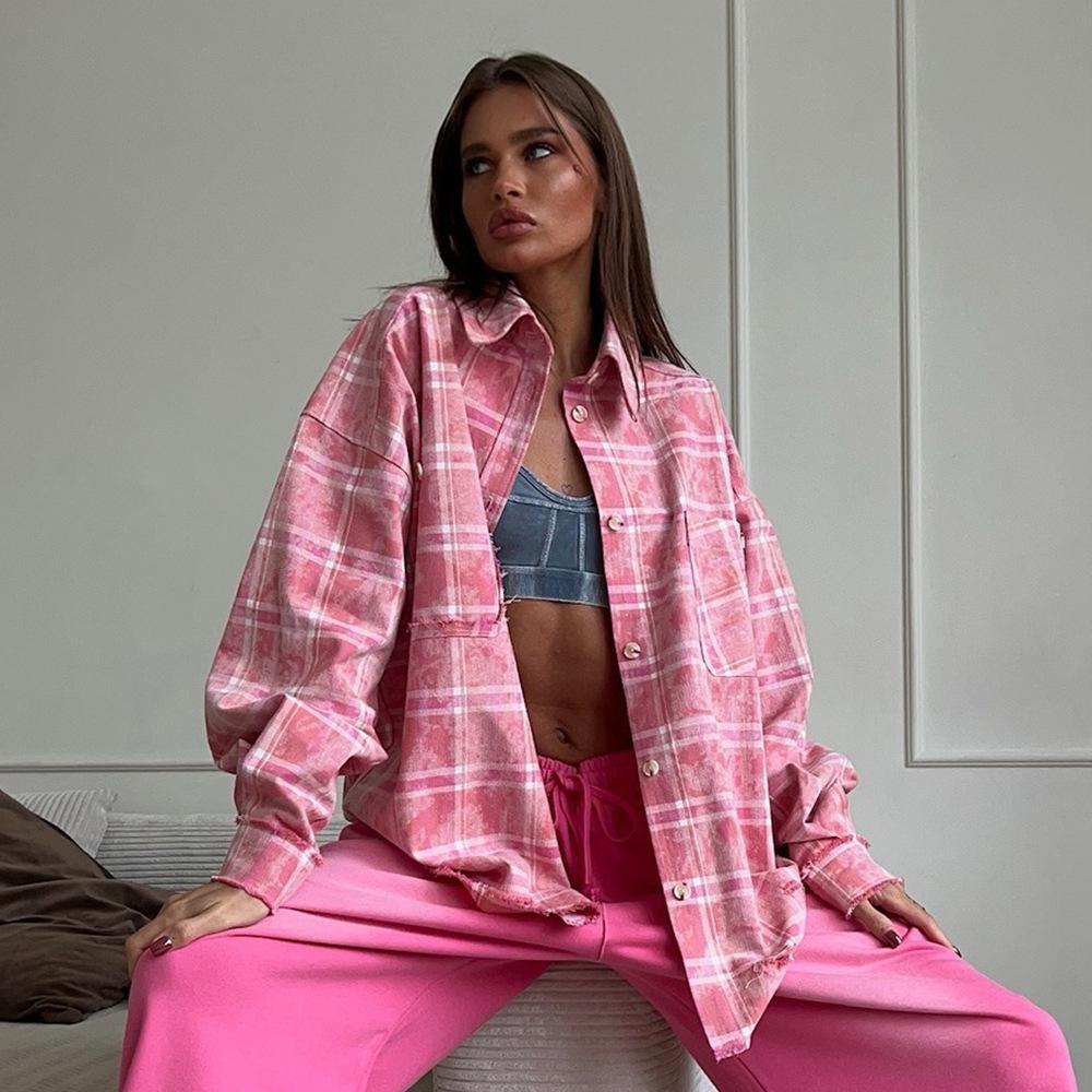 Camicia Casual Rosa a Quadri, Manica Lunga, Vestibilità Larga, Collo a Revers, per Uso Quotidiano