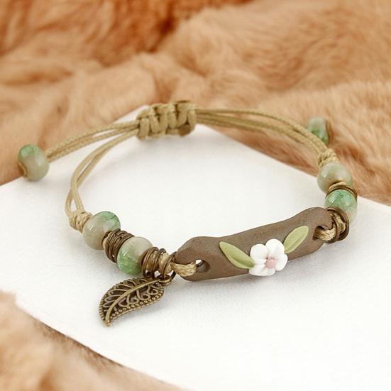 Fashion Women Flower Leaf Porcelain Charm Woven Bracelet Adjustable Jewelry Gift