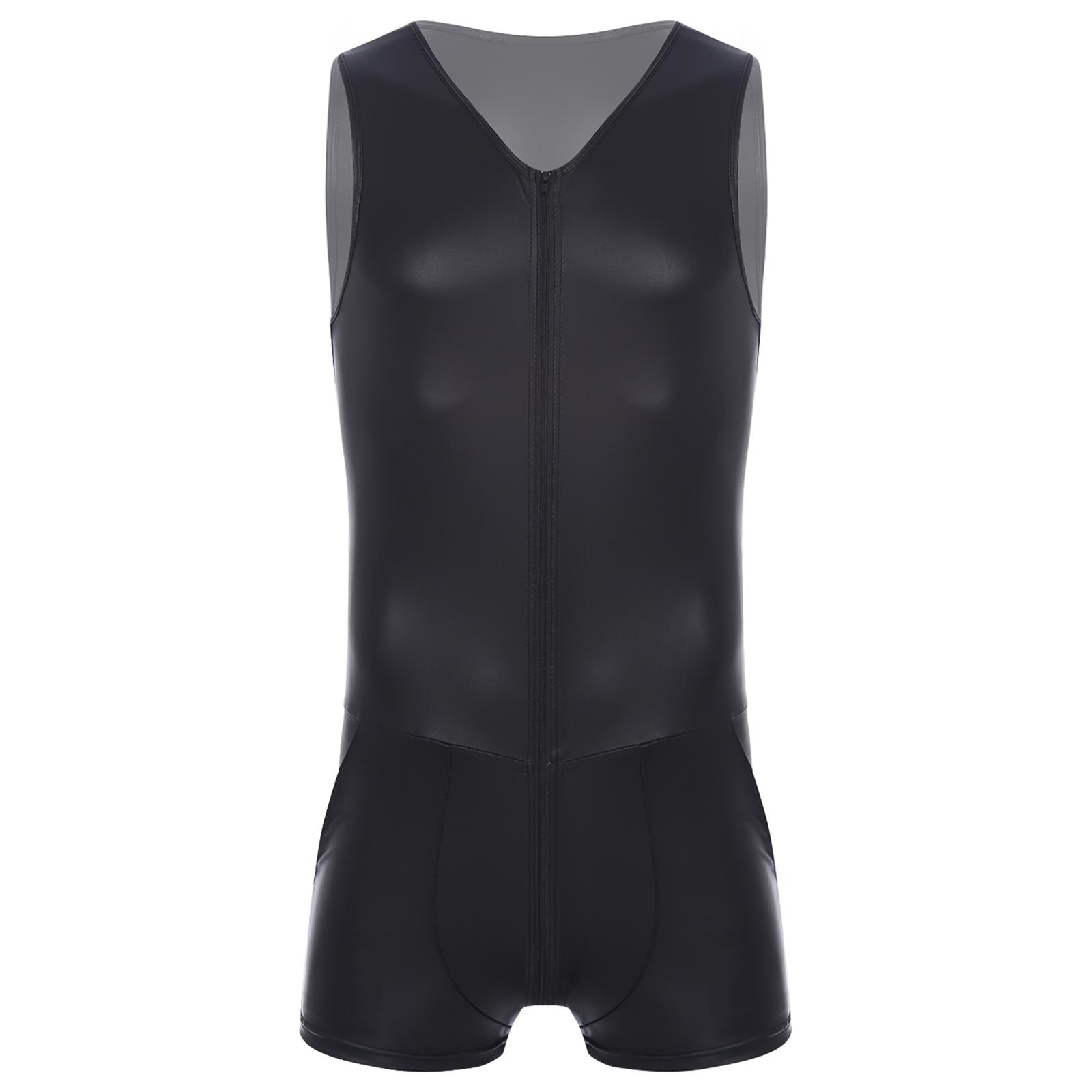 

Мужской комбинезон из искусственной кожи без рукавов с тремя молниями, клубная одежда, ночная одежда, комбинезон M чёрный