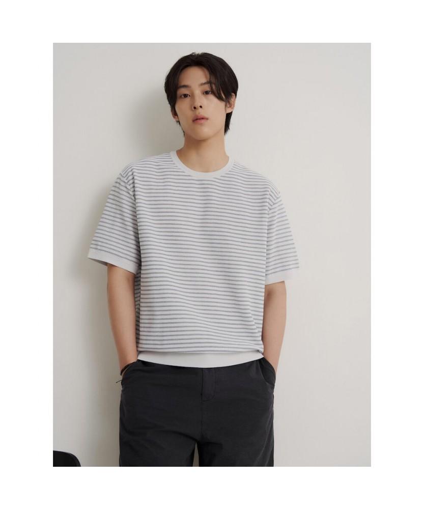 Binpolmen Gentle Tech Casual Pinstripe Round Knit Light Gray