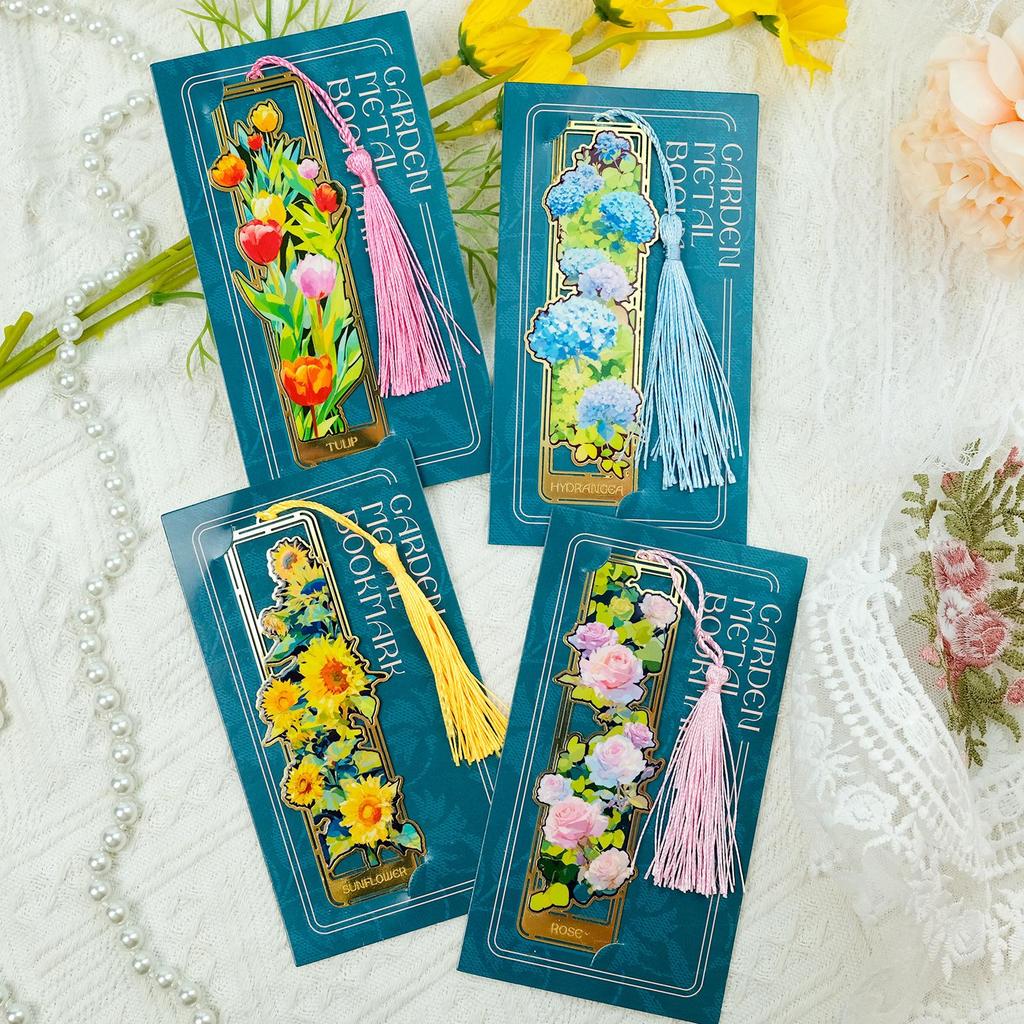 Elegant Floral Metal Bookmark with Tassel - Rose, Sunflower & Hydrangea Design