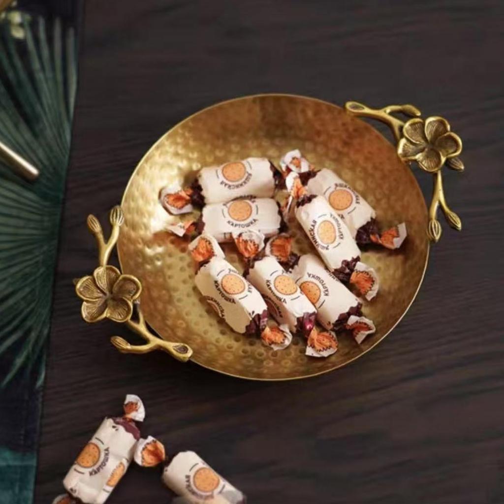 European Fruit Tray,Retro Brass Portable Engraving Plum Blossom Round Shape 23 cm Food Plate,Snack Plate Home Table Decoration