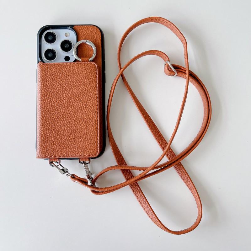 Card Holder Phone Case IPhone 16/17 ProMax Litchi Texture Full Body With Strap