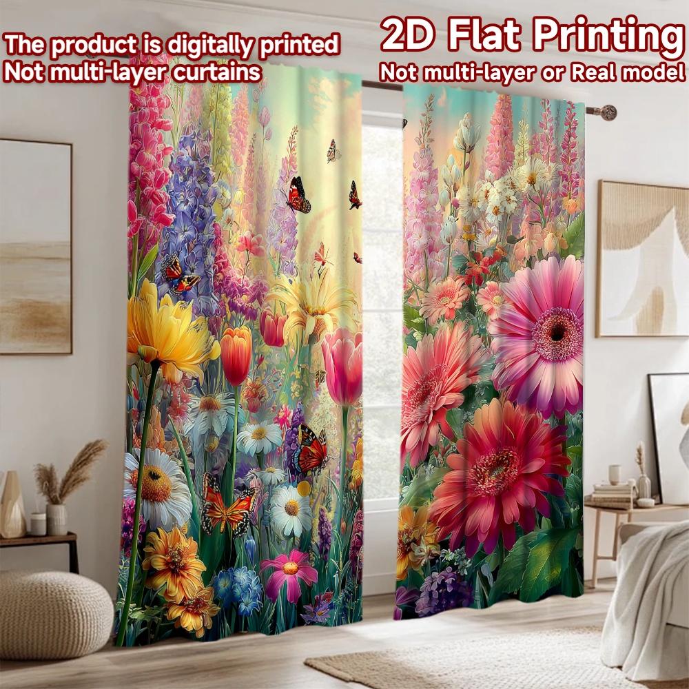 2D flat printing 2pcs Curtain Colorful Butterfly Flower Garden Digital Printed Polyester Drapes Festive Wall Decor Use for