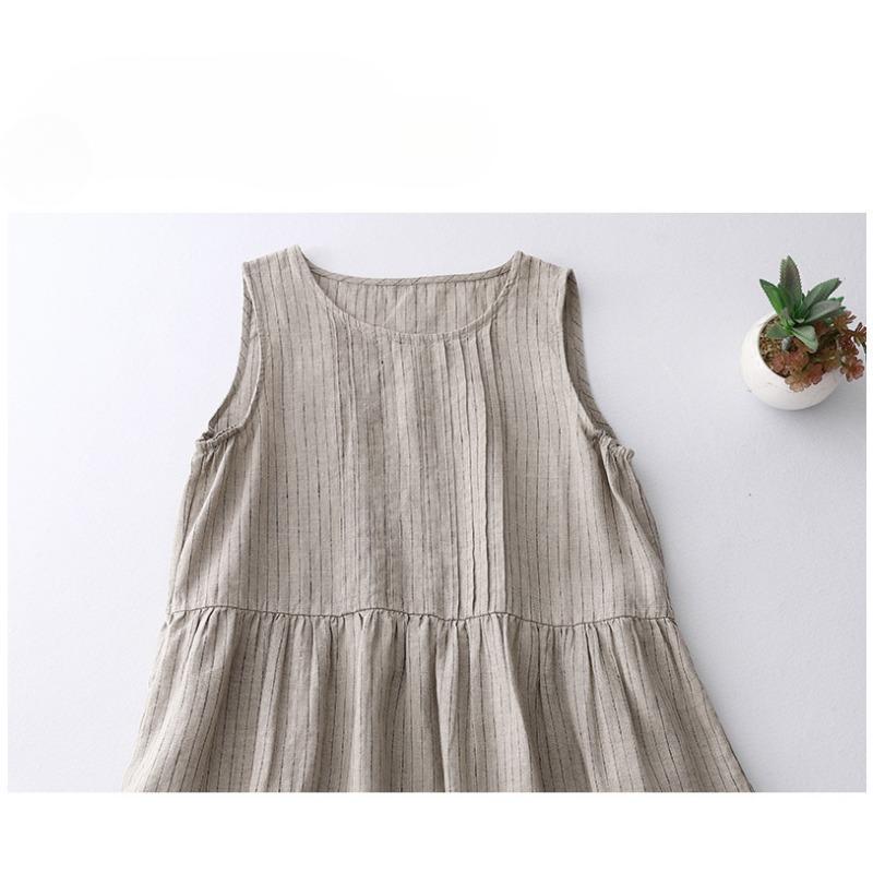 Plain Striped Loose Plus Size Women's New Pressed Pleated Literary Vest Dress