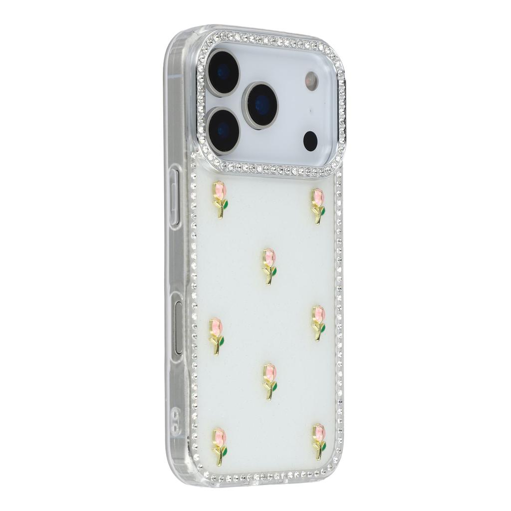 For iPhone 17 Pro Max Case Rhinestone Edge Small Tulips Decor TPU+PC IMD Phone Cover