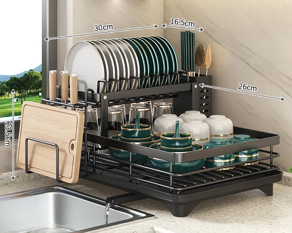 2 Tier Dish Drying Rack, Large Capacity Dish Rack With Draining Board, Double Layer Detachable Dish Storage Organizer For Dishes