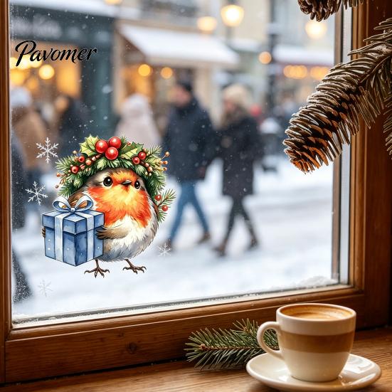 Glass Door Decorative Scenes Christmas Bird Static Window Sticker, Cute Watercolor Stickers with Wreath And Gift Box, PVC Festival Atmosphere