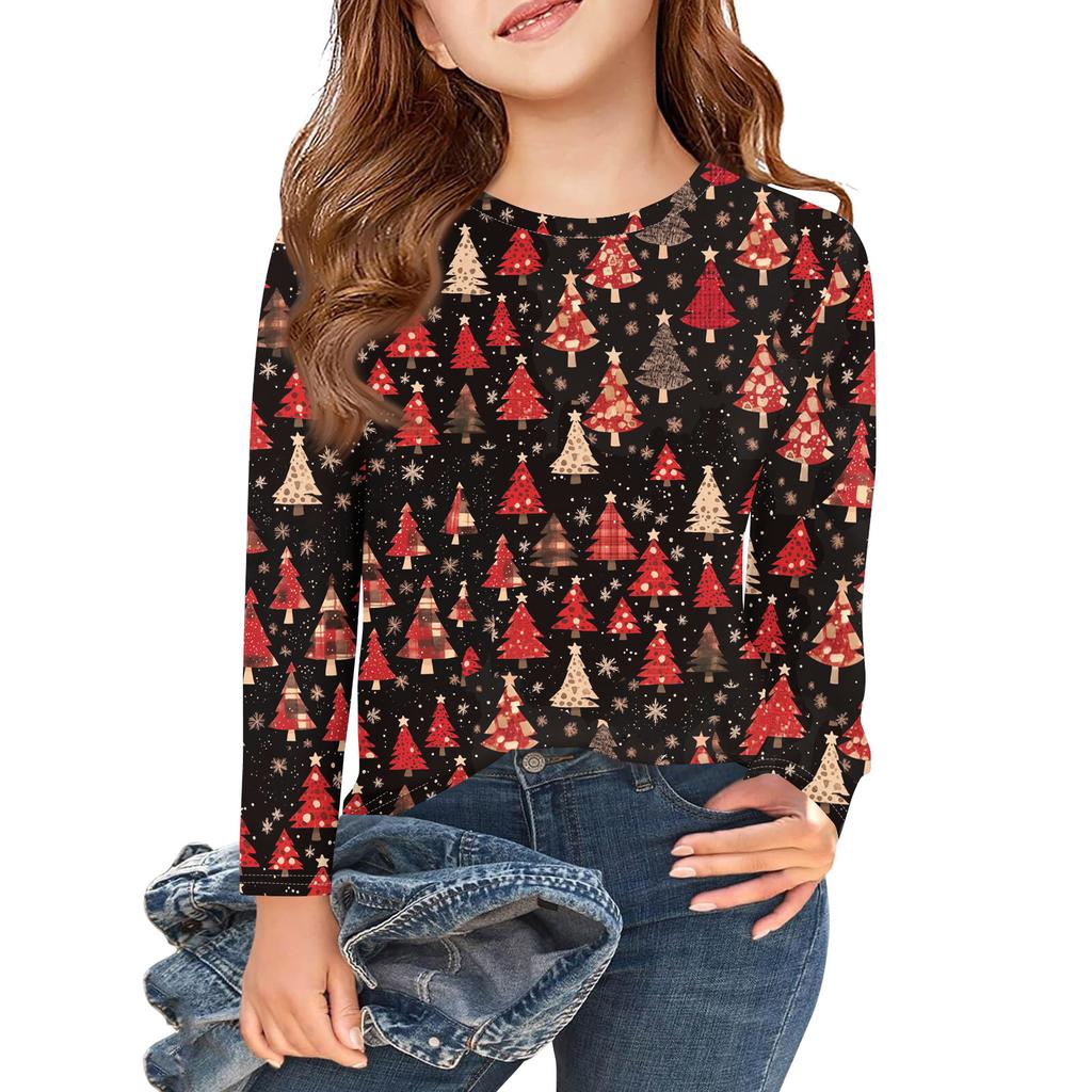 Christmas Day Girls Long Sleeve T Shirts Kids Fall Tops Crewneck Printed Basic Tees