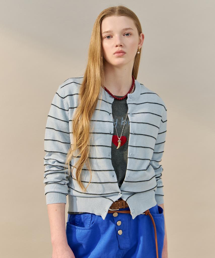 MAXZA Line Stripe Round Neck Knit Cardigan