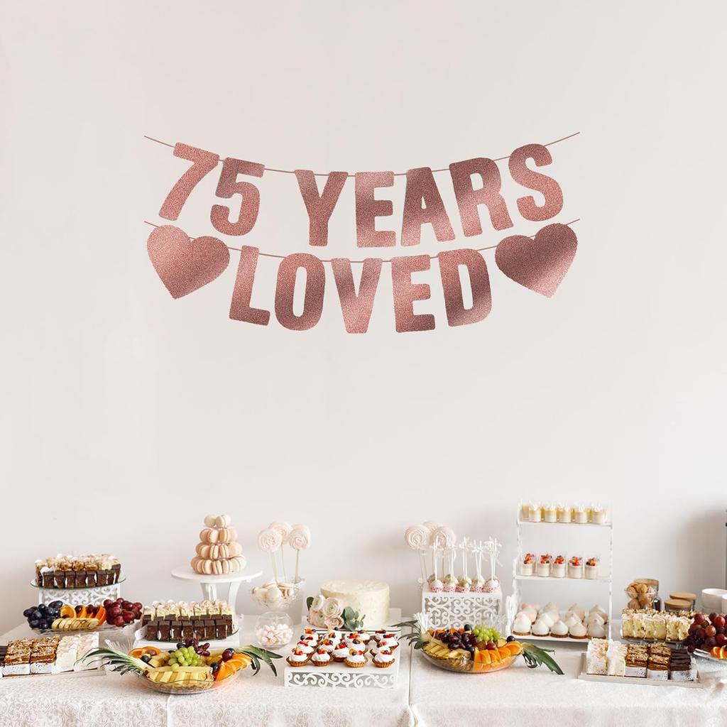 Pre-Strung 75th Birthday Banner - Rose Gold Glitter, Happy 75th Birthday Party Decorations for Women, Cute 75 Year Old Anniversary Decor Bday Sign