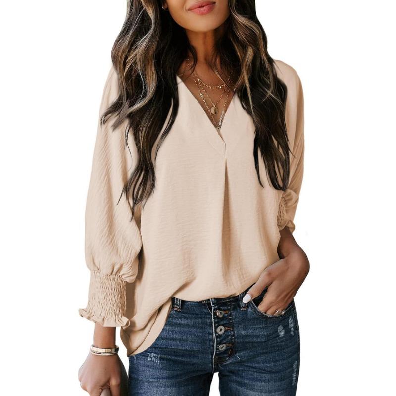 Women V Neck Long Sleeve Smocked Cuff Pleated Casual Blouse