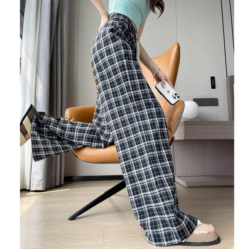 Summer Women's Plaid Wide-Leg Hemp-Like Trousers, High-Waist Comfortable Loose Straight-Leg Floor-Length Pants