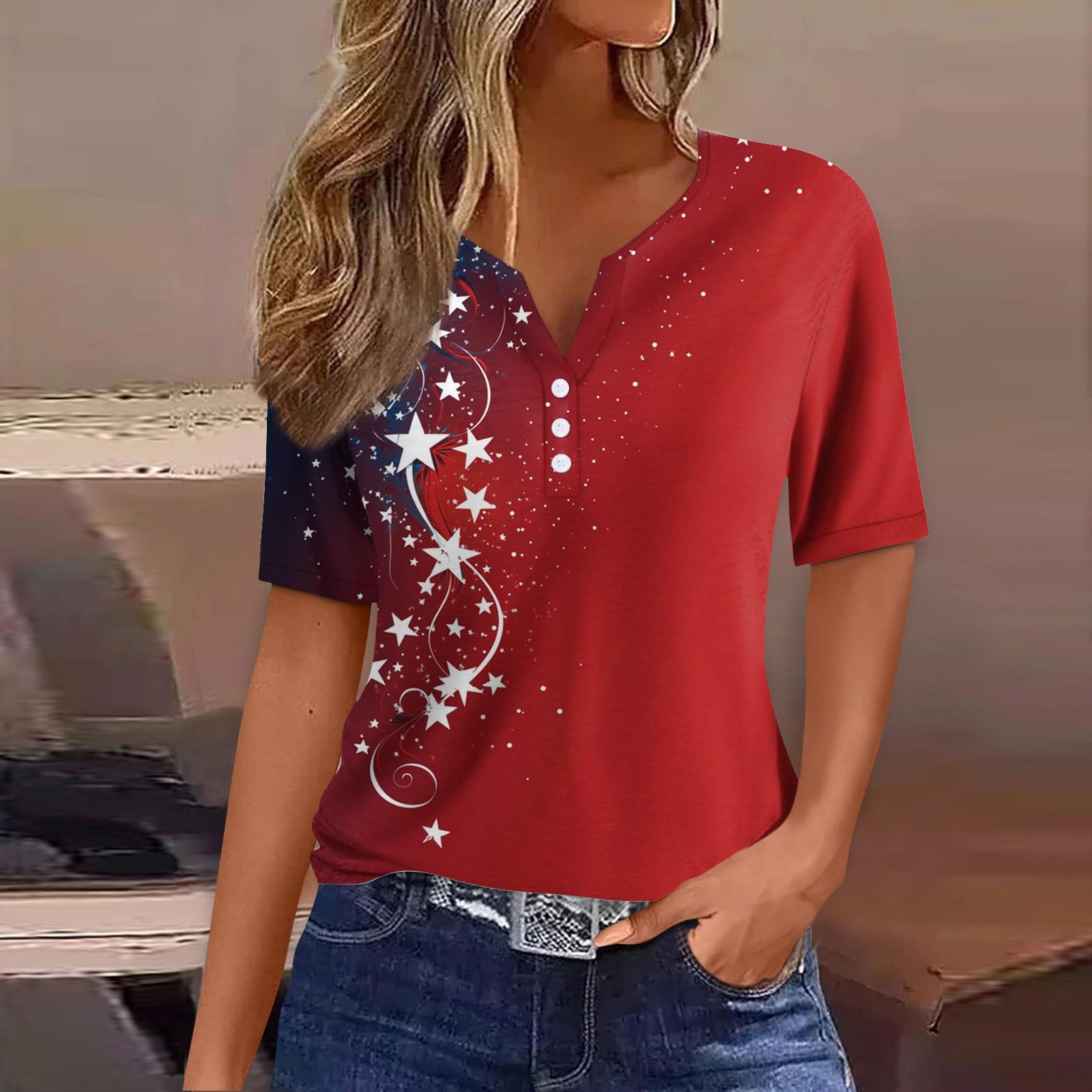 

Women s T Shirt Print Button Short Sleeve Daily Weekend Fashion Basic V- Neck Regular Top S червоний