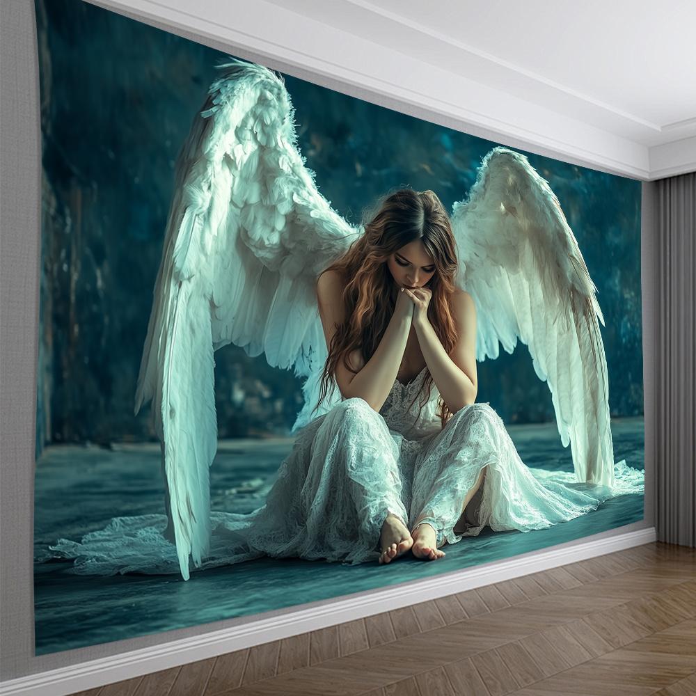Serene Angel Tapestry: Ethereal Wings And Graceful Pose For A Tranquil Home Decor 100x150cm