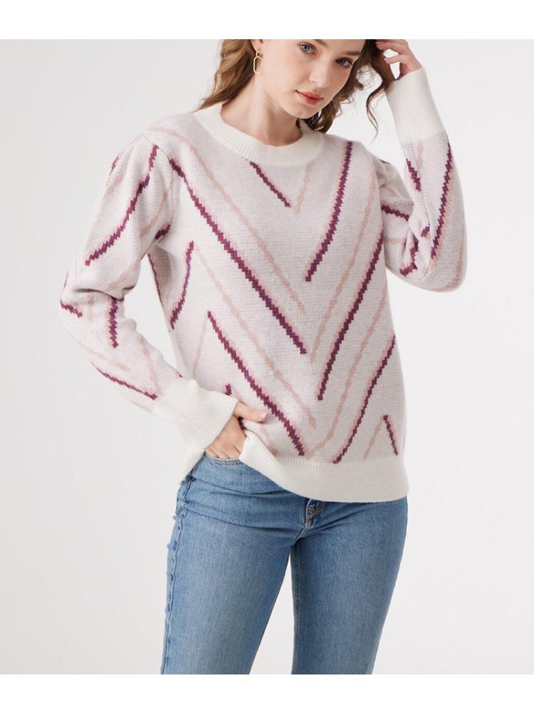 Autumn Winter Round Neck French Vintage Commuter Slim Fit Pullover Versatile Patterned Women's Knitted Sweater Luxurious Relaxed Versatile Top