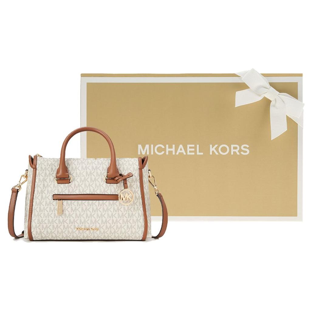 Michael Kors Carine Gold Logo Pendant Classic Print Faux Leather Boston Bag Women Handbags Brown Gray 35F2GCCS2B-150