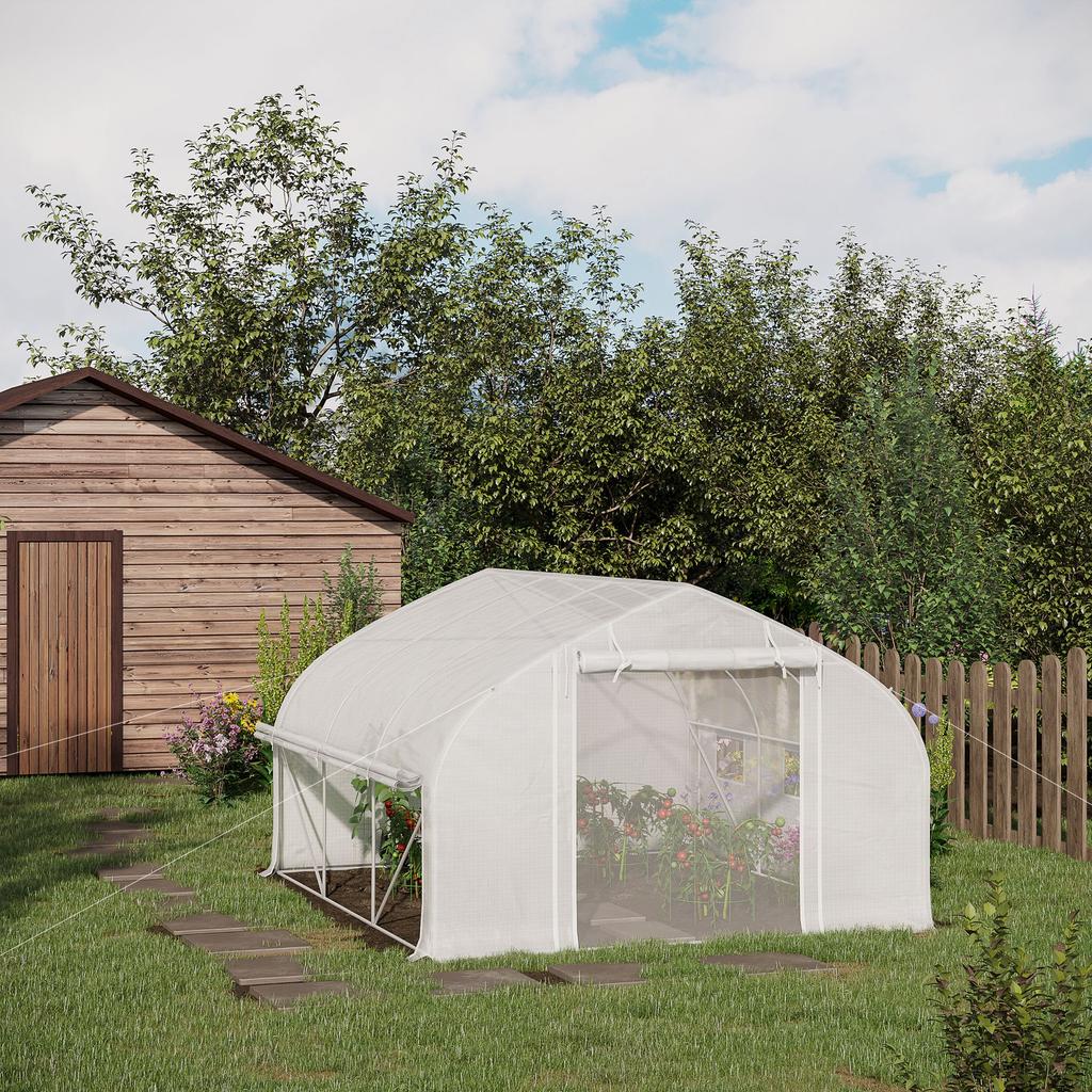 Garden Tunnel Greenhouse 10.4 m² Anti-UV Garden Greenhouse Roll-Up Zipped Door Mesh Windows 350 x 300 x 200 cm White