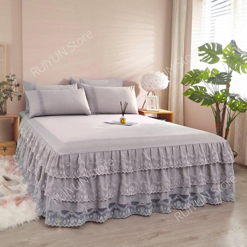 Spitzenrüschen-Bettrock, 3-lagig, Bettrock, Tagesdecke, Schlafzimmerbettdecke, Bettlaken, Bettrock, rutschfester Matratzenbezug, Couvre Lit