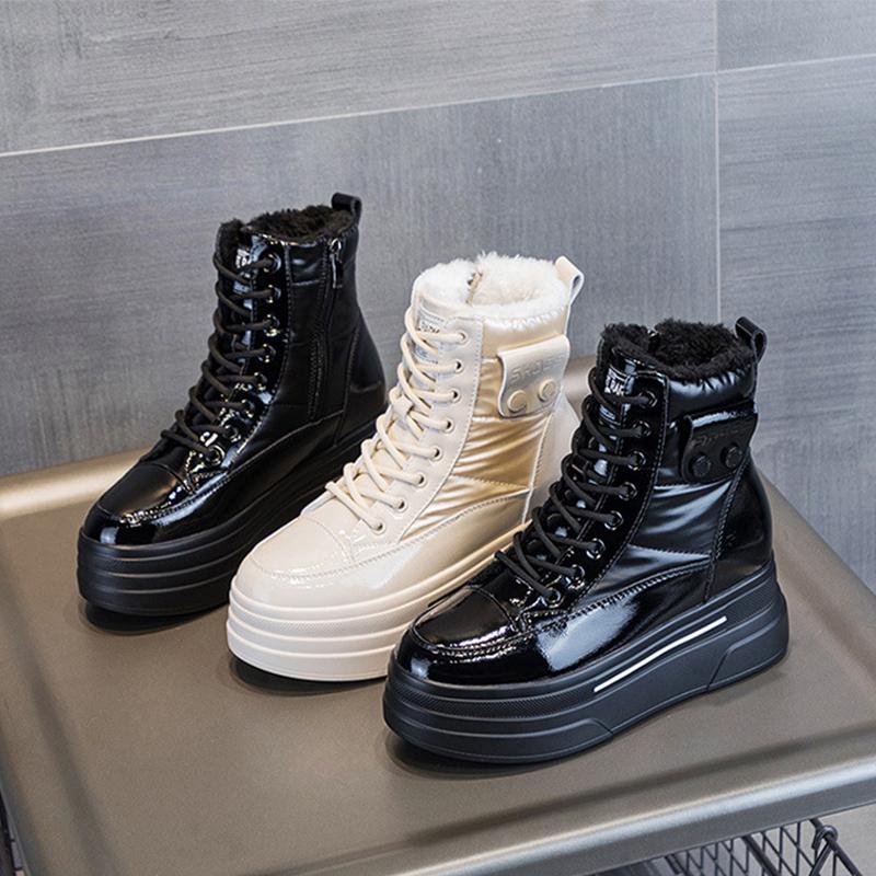 Winter Genuine Leather Shoes Women Snow Boots Waterproof Warm Cotton Shoes for Cold Winter Ladies Ankle Boots Non-slip Height Increasing 9cm