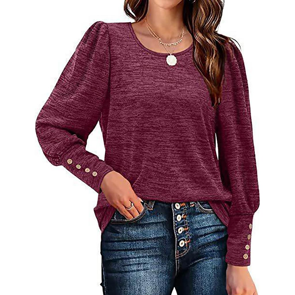 Women's Fashion Color Loose Casual Puffed Sleeves Round Neck Long Sleeve Tee Shirt Top