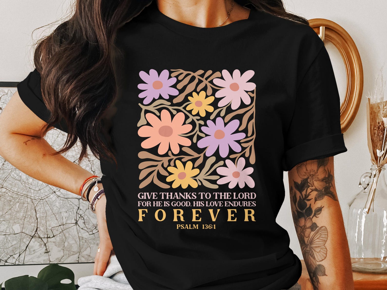 Christian Floral T-Shirts, God is Good Tee, Religious Gift, Psalm 136 1, Holy Cross T-Shirts, Jesus Christ T-Shirts, Faith T-Shirts S
