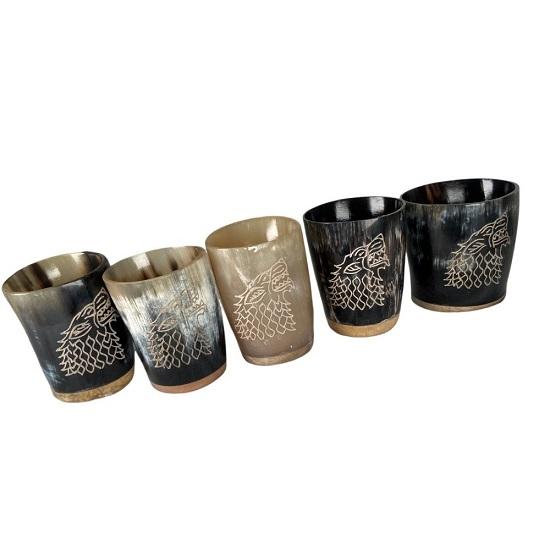 Viking Style Drinking Horns Handmade Glassware with Wooden Base Set of 5