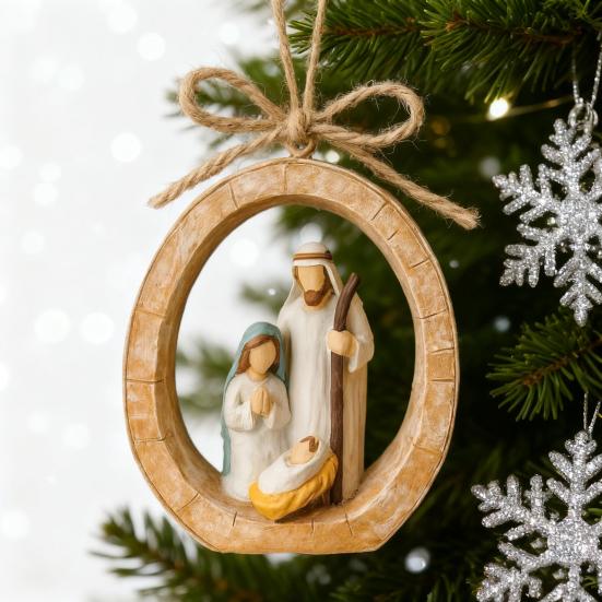 Oval Nativity Hanging Ornament Home Office Christmas Tree Hand-Painted Birth of Jesus Scene Holy Family Holiday Religious Decoration Pendant