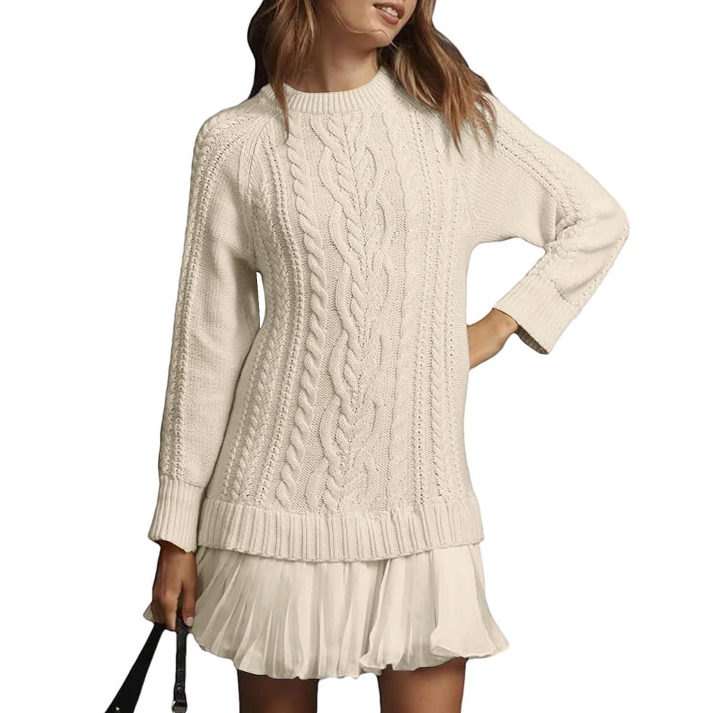 Women's Solid Round Neck Dough Twists Knitting Chiffon Splicing Sweet Temperament Dress