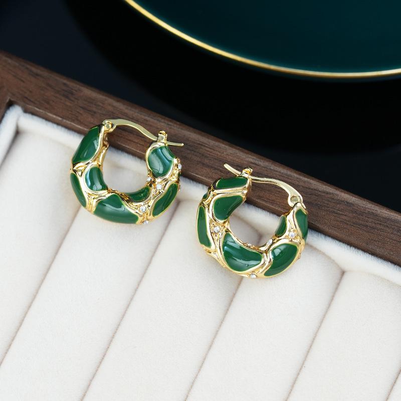 

Французские серьги-кольца с эмалью - Женские роскошные ретро серьги-кольца с капельным маслом, модная бижутерия 14k зелёный