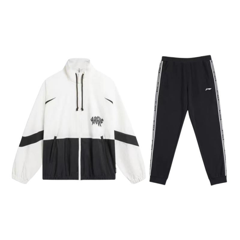 Li-Ning Color Block Letter Print Cardigan Stand Collar Windbreaker Comfortable Cuffed Warm Long Pants Casual Sports Suit AFDU419-2+YKLU333-1