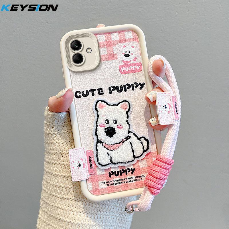 KEYSION Cartoon Cute Plush Embroidery Case for Samsung A07 4G with Lanyard Silicone Shockproof Phone Cover for Galaxy A07