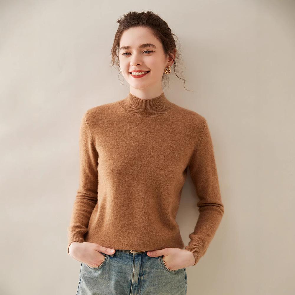 Women's Half-High Neck Cashmere Sweater - Solid Color Inner Layer Pullover