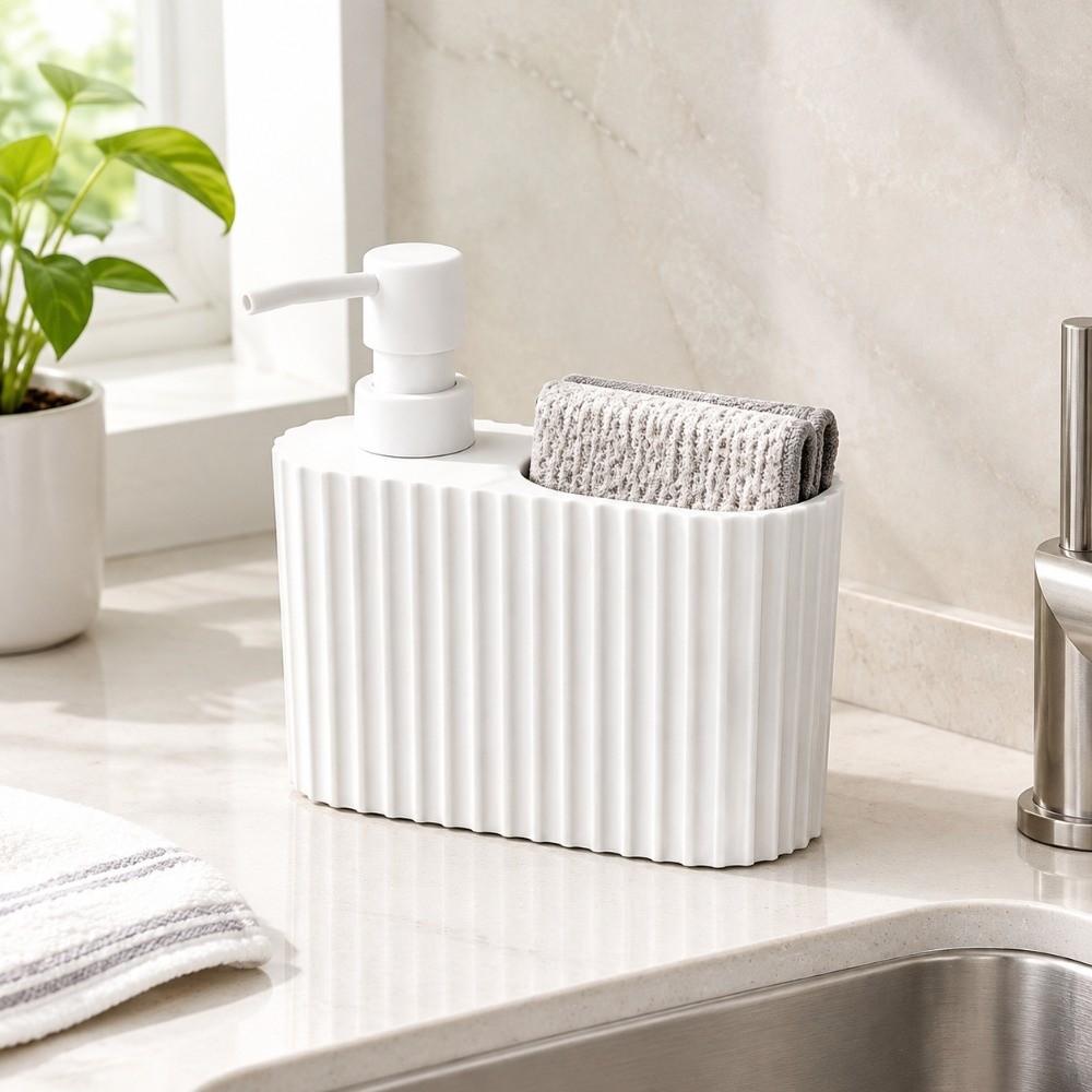 2-in-1 Seifenspenderflasche mit Schwammhalter Küchenspülbecken-Organizer Arbeitsplatte